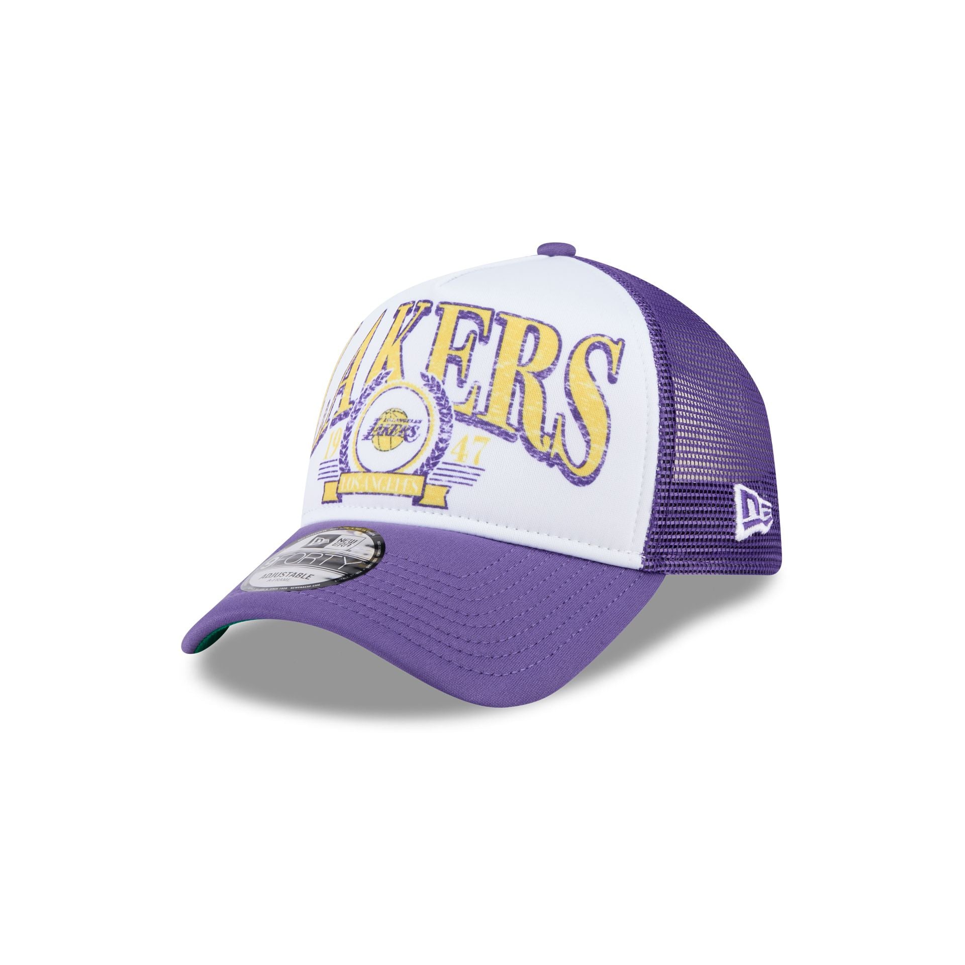 Premium Los Angeles Lakers Distressed 9FORTY A-Frame Trucker Hat